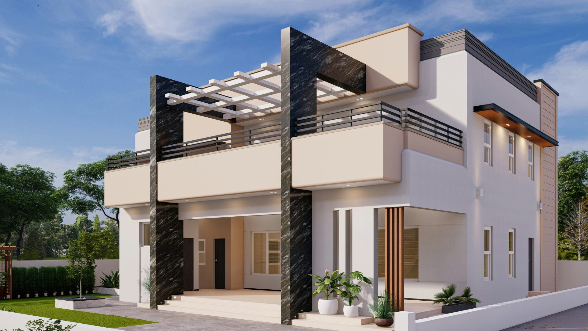 ein zweistöckiges Haus mit Balkon und Balkonen